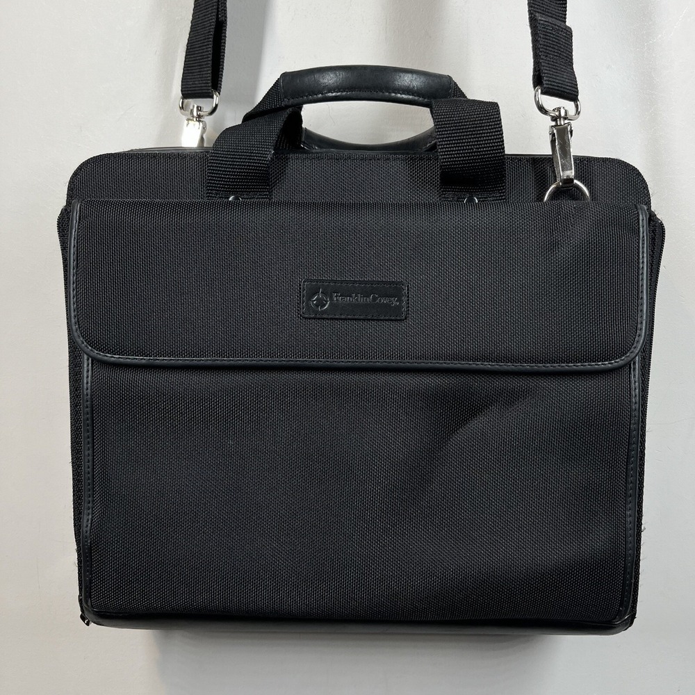Franklin Covey Messenger Briefcase 15x12 Laptop Leather Nylon Black Bag Organize